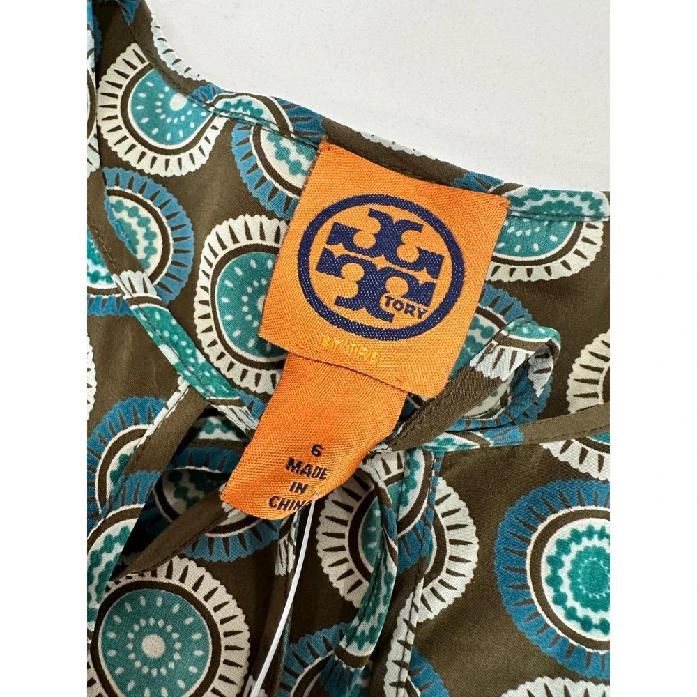 Tory Burch Silk Mandarin Collar Tie Neck Blouse‎ Geometric Print Size 6